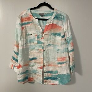 JM Collection Women's 100% Linen Button Up‎ Shirt Size 10 multicolor Coastal EUC